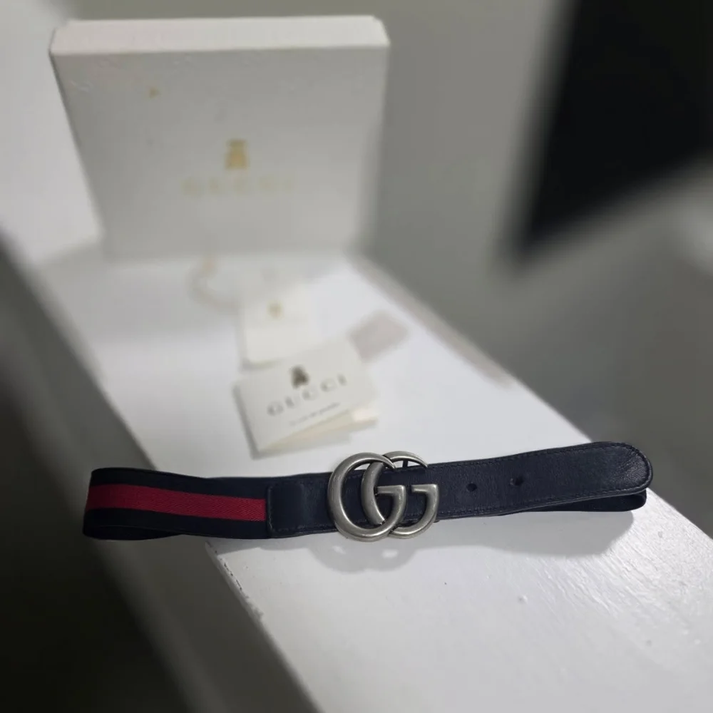 GG Logo Navy and Red Stripe Kids Web Strap Belt